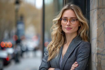 A woman in a gray coat and glasses stands in front of a building. She is looking directly at the camera with a confident expression