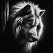 Portrait of a wolf in a dark room. Black and white.