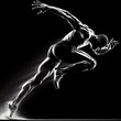 Running male athlete on black background. Black and white art print. 