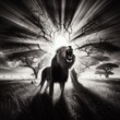 Lion in the savannah with tree and sunbeams. Print art. 