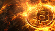 Bitcoin logo in fire with black, red and orange style. Disruptive potential of cryptocurrencies