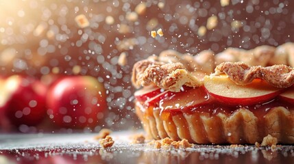 Wall Mural - Delicious Homemade Apple Pie with Flying Ingredients and Crumbs: Sweet Dessert Recipe for Menu Banner with Copyspace