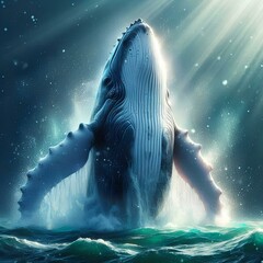 Wall Mural - sun rays illuminated whale during a jump