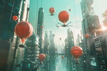 A Futuristic City With Drones And Balloons Mingling In The Air For Urban Transport