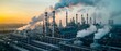 Factories' Climate Footprint: A Hazy Dawn. Concept Carbon Emissions, Pollutants, Atmospheric Impact