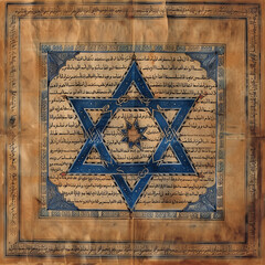 Wall Mural - Old paper page from ancient torah book with blue Star of David. Judaism religious symbol. Bible exodus torah. Passover celebration, Yom Kippur, Purim. Illustration for banner, wallpaper, background