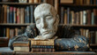 Dusty shelves crammed with books in a grand Asian library with a weathered stone lion statue guarding the entrance