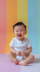 Wall Mural - Asian baby sitting smiling on colorful background