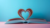 Fototapeta  - Open book with its pages forming a heart shape on a pastel color backdrop. World book day background 