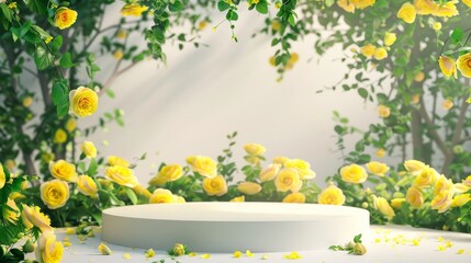 Podium background flower rose product yellow 3d spring table beauty stand display nature white. Garden rose floral summer background podium cosmetic valentine easter field scene gift yellow day romant