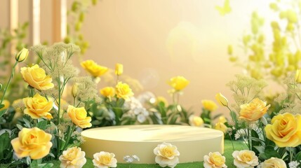 Podium background flower rose product yellow 3d spring table beauty stand display nature white. Garden rose floral summer background podium cosmetic valentine easter field scene gift yellow day romant