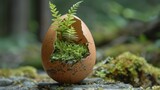 Fototapeta  - A cracked eggshell with delicate fern fronds growing inside, symbolizing new life and growth