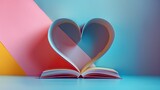 Fototapeta  - Open book with its pages forming a heart shape on a pastel color backdrop. World book day background 