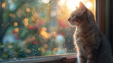 Fototapeta  - Cat on the window, A cute adorable cat sitting in a sunny window