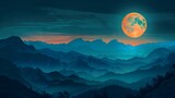 Fototapeta  - A majestic scene of full moon rising over a mountain silhouette, abstract and artistic full moon view
