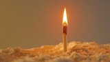 Fototapeta  - A single matchstick burning and standing upright on a bed of sand for illustrating fire safety or ignition hazards
