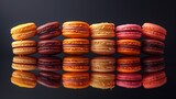 Fototapeta  - A stack of colorful macarons arranged in a symmetrical pattern. Isolated macrons on reflective surface for social media posts about sweet treats