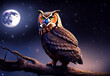 An image of a large nocturnal bird, a fairy owl and a full moon. Night scenery of an owl, watching the night on a branch, night sky with stars. Halloween theme.