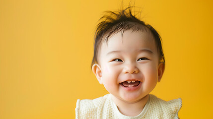 Wall Mural - Asian baby sitting smiling on colorful background