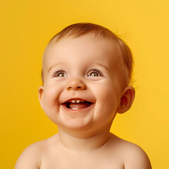 Wall Mural - baby sitting smiling on yellow background