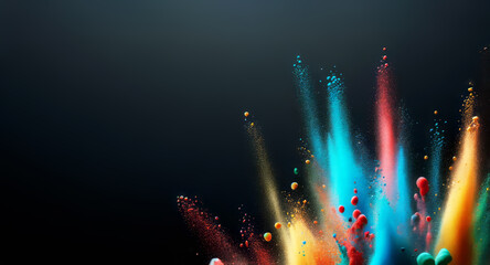 Wall Mural - Colorful paint and light particles rising against a dark background. Abstract, celebratory concept. Generative AI