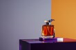 luxury glass perfume bottle with square platform table background in purple orange theme with copy space area
