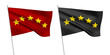 Black and red vector flags with five gold stars. A set of wavy 3D flags with flagpoles isolated on white background, created using gradient meshes