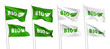 Green and white vector flags with BIO leaf logo. A set of wavy 3D flags with flagpoles isolated on white background, created using gradient meshes