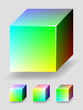 Vector color cube with cyan and yellow gradients, representing a part of RGB color space. 4 different views