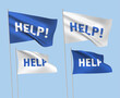 Blue and white vector flags with HELP text. A set of wavy 3D flags with flagpoles isolated on light background, created using gradient meshes