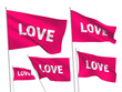 Pink vector flags with white LOVE text. A set of wavy 3D flags with flagpoles isolated on white background, created using gradient meshes