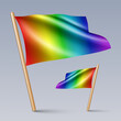 Vector illustration of two 3D Rainbow horizontal gradient flag icons with wooden sticks, isolated on grey background. Created using gradient meshes, EPS 10 vector