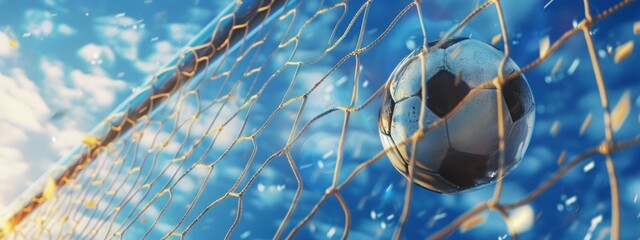 On a stadium ball flying in the net. Banner of soccer game. Sport concept