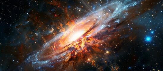 Wall Mural - in the vast expanse of space, a stunning galaxy is seen with a brilliant orange star shining promine