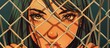 A young female character with anime style features, gazing through a metal fence towards the camera