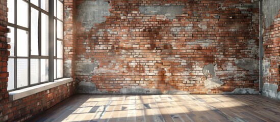 Wall Mural - A spacious room devoid of furniture featuring a brick wall and polished wooden flooring