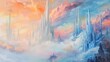 Paint a serene, surreal ethereal landscape of a futuristic city rising to the sky, with soft, dreamy colors blending into each other, in acrylic medium