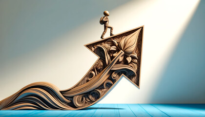 Wall Mural - a figure walking on an artistic ornate arrow pointing upwards on a light background, depicting growt