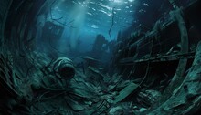 Imagine An Aquatic Dystopian Realm From A Fish-eye Perspective, Revealing Shadowed Ruins And Mechanical Remnants Beneath Turbulent Waters, Capturing The Eerie Beauty Of The Submerged City