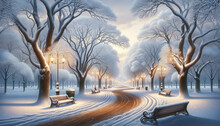 A Snowy Park Scene With Benches And Lamp Posts, Artistic, Under A Twilight Sky, Depicting A Serene Winter Evening. Generative AI