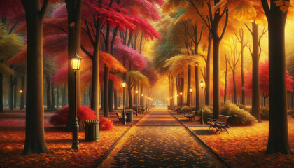Wall Mural - an enchanting autumn park with colorful trees, benches, and lamp posts, on a misty background, conve