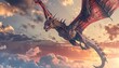 Illustrate a majestic dragon in flight at eye level using digital photorealistic rendering techniques Show intricate details of its scales and fiery breath against a dramatic sky setting