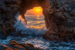 A naturally formed archway in a rock formation by the sea, with waves crashing through it at sunset. 32k, full ultra hd, high resolution
