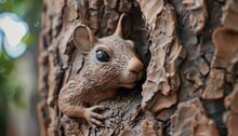 Illustrate A Clay Sculpture Of A Robotic Squirrel Peeking Curiously From A Tree Trunk In Detailed, Realistic Texture