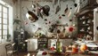 Craft a digital artwork featuring a worms-eye view of a kitchen scene with flying utensils and ingredients creating a whimsical recipe in mid-air Embrace glitch art for an unexpected twist