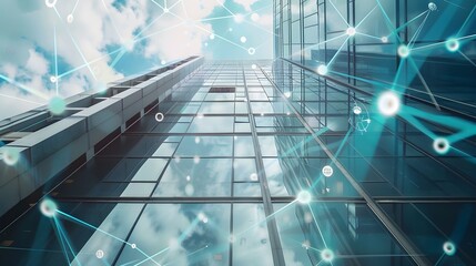 Wall Mural - modern building with digital network connection illustration. smart building in urban technology.