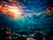 Split view of an underwater seascape with sunlit rocks above and marine life below, on a vivid blue ocean background, depicting the concept of a marine ecosystem. Generative AI