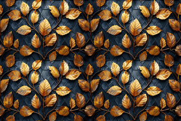Wall Mural - seamless pattern with golden leaves on tree branches on black background