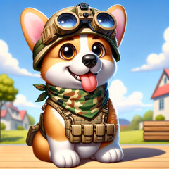 A Cute Cartoon Corgi in Military Gear