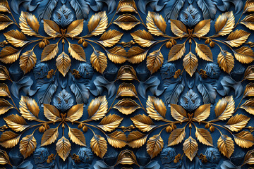Wall Mural - seamless pattern with golden leaves on tree branches on dark blue background